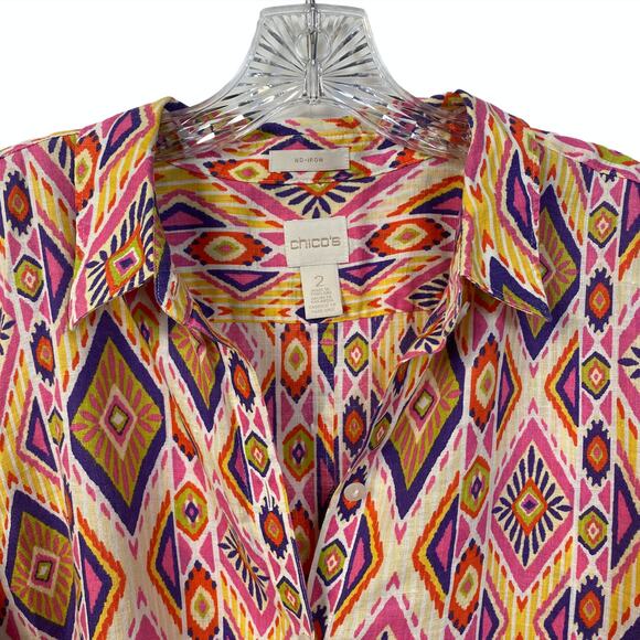 CHICO'S 2 100% Linen No-Iron Shirt Pattern Print Back Button Detail 3/4 Sleeves - Picture 2 of 10